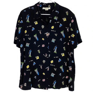 Vintage 80s 90s Eiffel Tower French Print Button Down Black Blouse Plus Size 1X